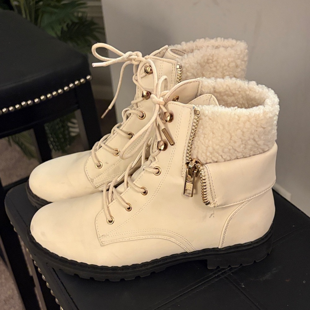 JustFab Off-White Lace-Up Boots with Shearling